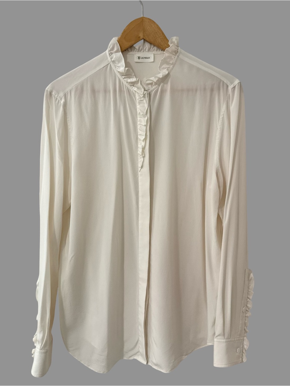Lilysilk 100% Silk Ivory Ruffle Button Up Long Sleeve Blouse US12 ($199)